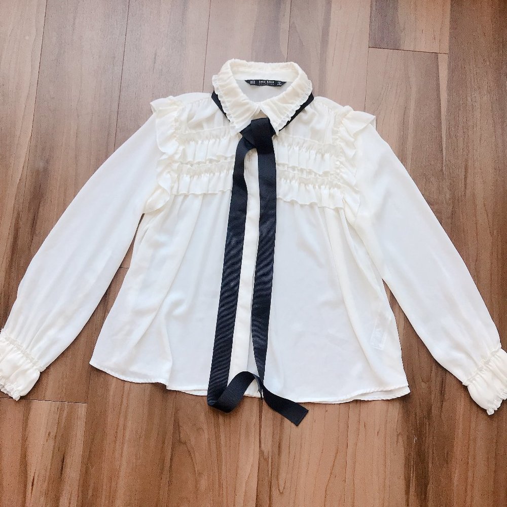 ZARA Ruffle Blouse Ribbon Tie NWOT